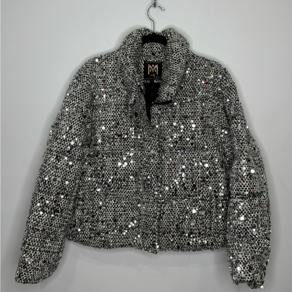 Milly Hayes Sequin Tweed Puffer Silver Women’s Medium - Picture 2 of 7